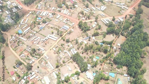 aerial drone view kamatira in west pokot, kapenguria, Kenya. traditional rural community in Kenya Africa. dry soil with little vegetation. photo