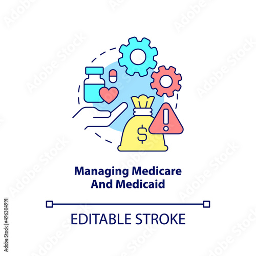 Managing medicare and medicaid concept icon. Healthcare difficulty abstract idea thin line illustration. Health coverage. Isolated outline drawing. Editable stroke. Arial, Myriad Pro-Bold fonts used