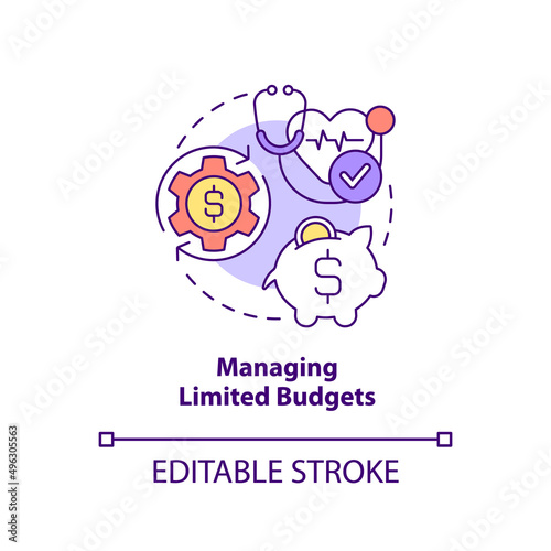 Managing limited budgets concept icon. Healthcare puzzling point abstract idea thin line illustration. Hospital expenses. Isolated outline drawing. Editable stroke. Arial, Myriad Pro-Bold fonts used
