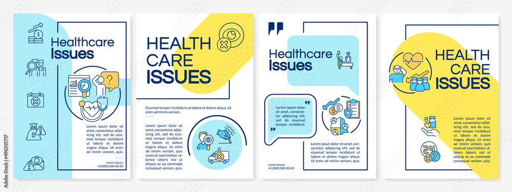 Health care management issues blue and yellow brochure template. Leaflet design with linear icons. 4 vector layouts for presentation, annual reports. Questrial, Lato-Regular fonts used