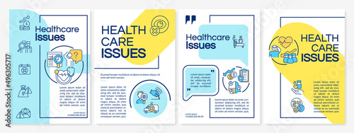 Health care management issues blue and yellow brochure template. Leaflet design with linear icons. 4 vector layouts for presentation, annual reports. Questrial, Lato-Regular fonts used © bsd studio