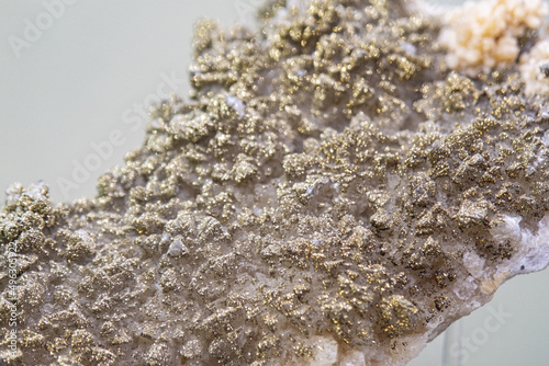 Stilbite and calcite with pyrite powder. Close-up, background and texture. Soft focus, selective focus photo