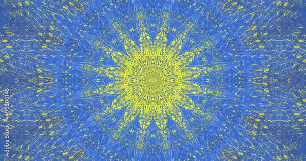 Yellow and blue mandala relaxing background video. Beautiful moving ornament.
