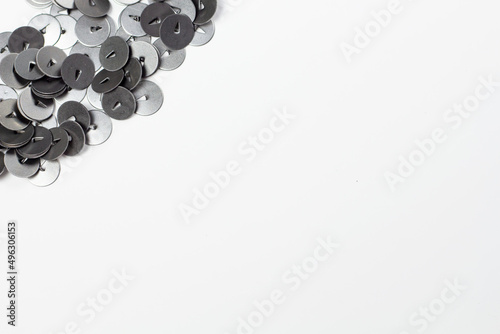 pin thumbtack frame on white with free copy space for text, office supplies concept, office work flat lay