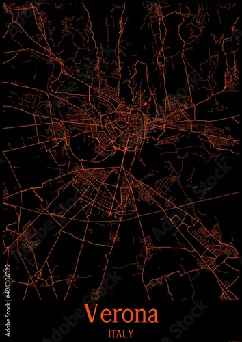 Black and orange halloween map of Verona Italy.This map contains geographic lines for main and secondary roads.