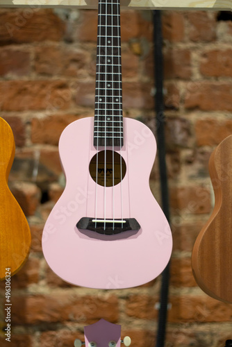 little pink ukulele guitar hanging on the wall