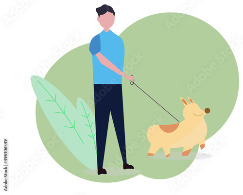 犬の散歩をする男性 外で歩く ベクターイラスト