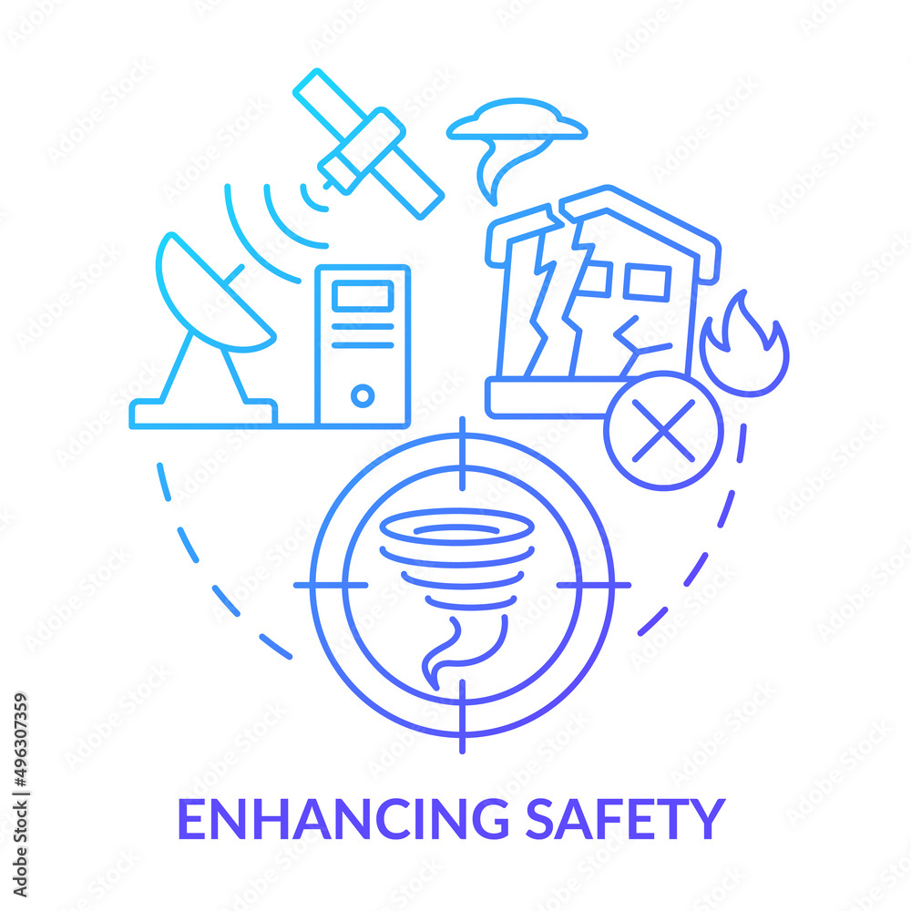 Enhancing safety blue gradient concept icon. Disasters prevention. Space exploration benefit abstract idea thin line illustration. Isolated outline drawing. Myriad Pro-Bold font used
