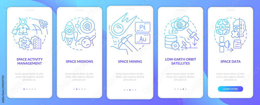 Trends in space technology blue gradient onboarding mobile app screen. Walkthrough 5 steps graphic instructions pages with linear concepts. UI, UX, GUI template. Myriad Pro-Bold, Regular fonts used