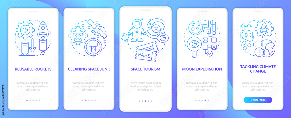 Space technology blue gradient onboarding mobile app screen. Exploration walkthrough 5 steps graphic instructions pages with linear concepts. UI, UX, GUI template. Myriad Pro-Bold, Regular fonts used