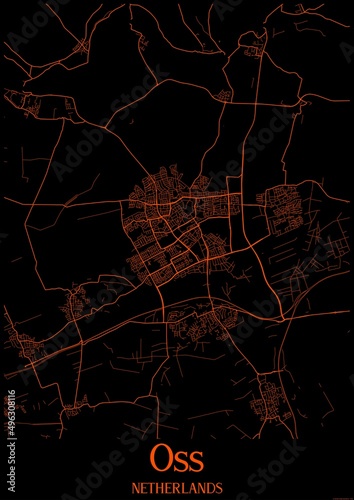 Black and orange halloween map of Oss Netherlands.This map contains geographic lines for main and secondary roads.