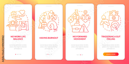 Toxic work environment signs red gradient onboarding mobile app screen. Walkthrough 4 steps graphic instructions pages with linear concepts. UI, UX, GUI template. Myriad Pro-Bold, Regular fonts used