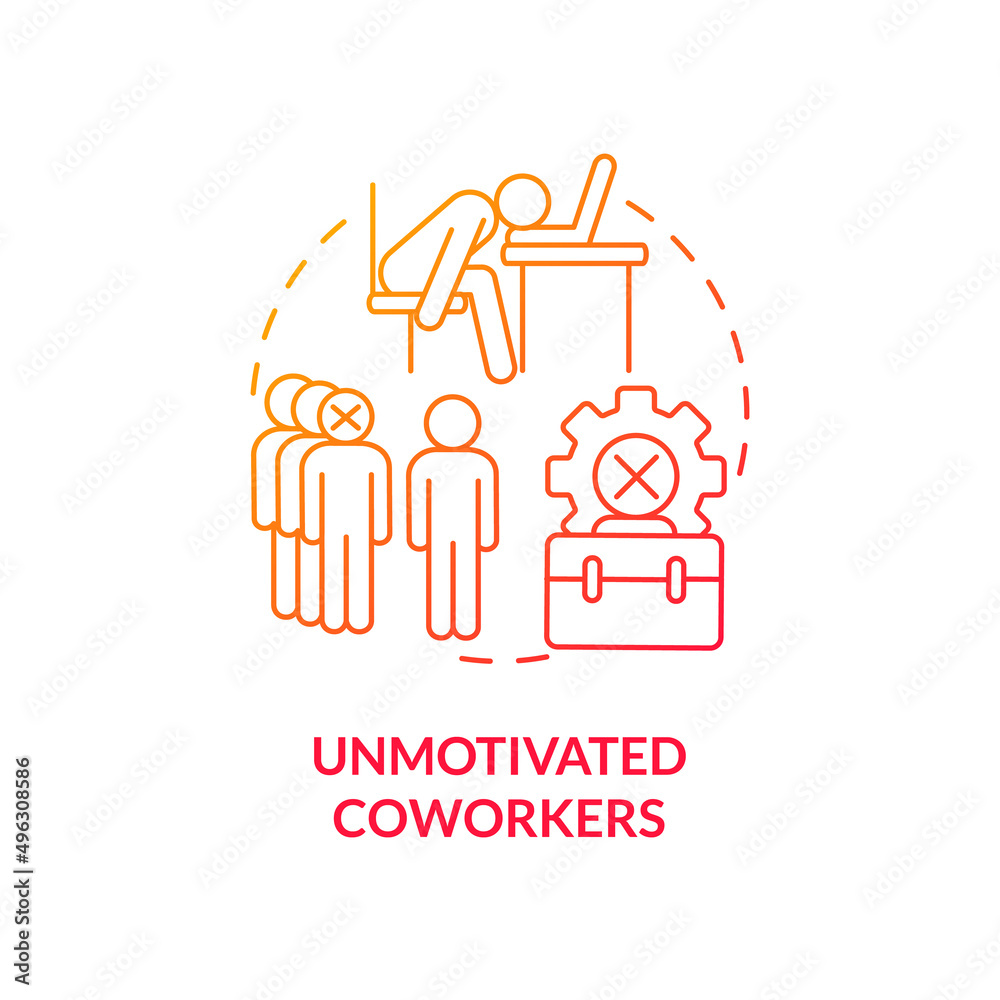 Unmotivated coworkers red gradient concept icon. Lazy colleagues. Sign of toxic workplace abstract idea thin line illustration. Isolated outline drawing. Myriad Pro-Bold fonts used Unmotivated coworkers red gradient concept icon. Lazy colleagues. Sign of toxic workplace abstract idea thin line illustration. Isolated outline drawing. Myriad Pro-Bold fonts used