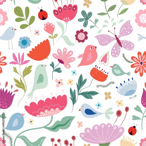 Spring and summer floral seamless pattern  wallpaper  background with seasonal design  flowers  butterflies and birds