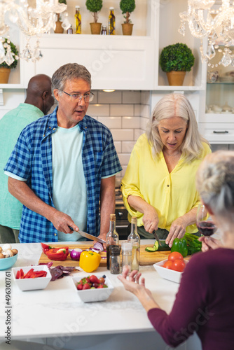 Multiracial senior women and men preparing food together in kitchen at home