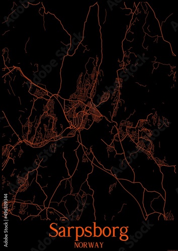 Black and orange halloween map of Sarpsborg Norway.This map contains geographic lines for main and secondary roads. photo