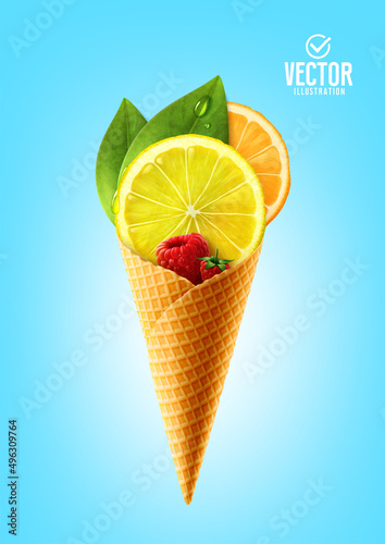 Vector illustration ice cream. Lemon, orange and raspberry.