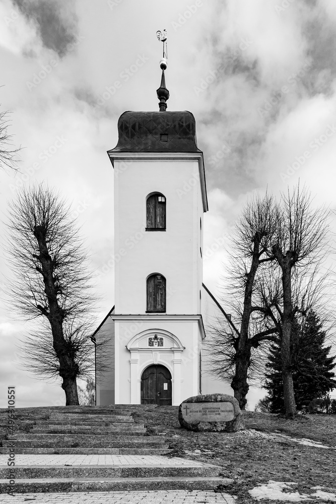 Low angle vertical black and white photo of St. Catherine's Lutheran ...
