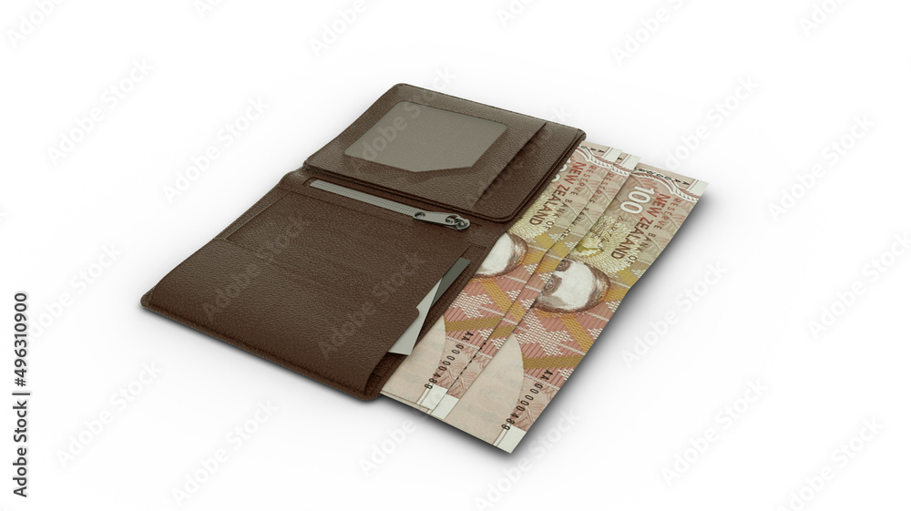 3D rendering of 100 New Zealand dollar notes in wallet 3D rendering of 100 New Zealand dollar notes in wallet