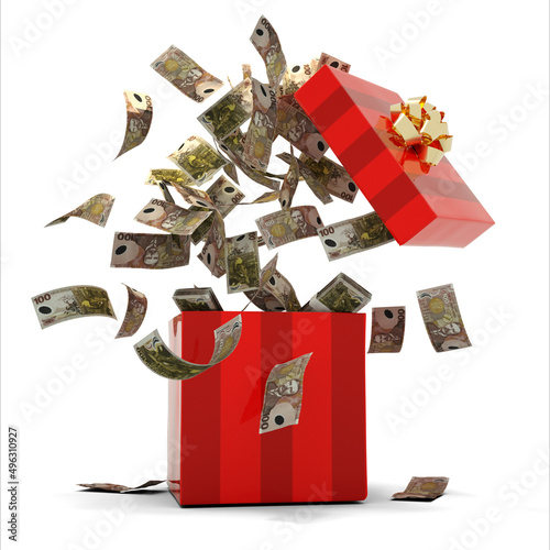3D rendering of A lot of100 New Zealand dollar notes coming out of an opened red gift box