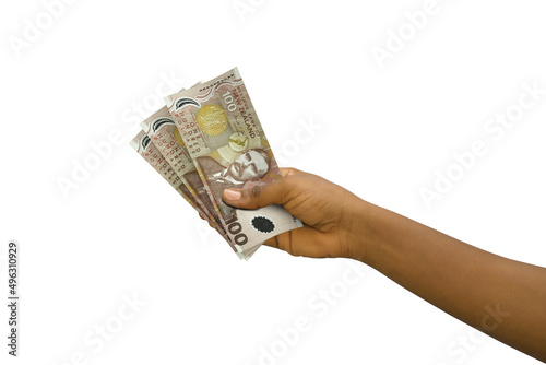 Fair hand holding 3D rendered 100 New Zealand dollar notes isolated on white background