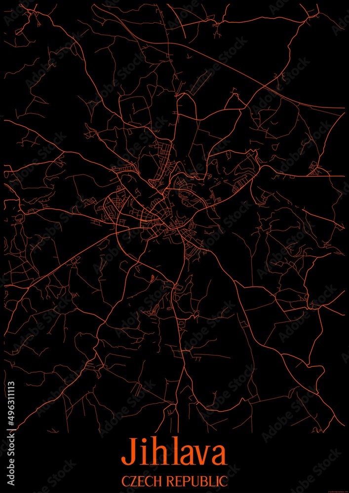 Black and orange halloween map of Jihlava Czech Republic.This map contains geographic lines for main and secondary roads.