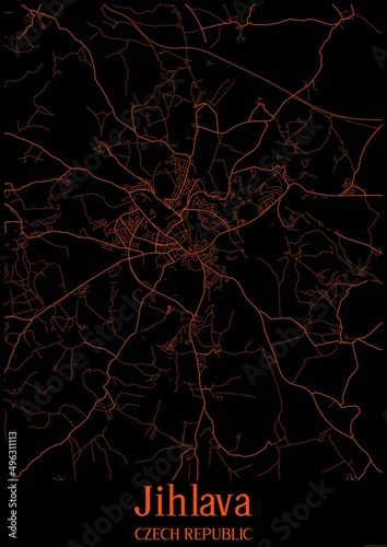 Black and orange halloween map of Jihlava Czech Republic.This map contains geographic lines for main and secondary roads.