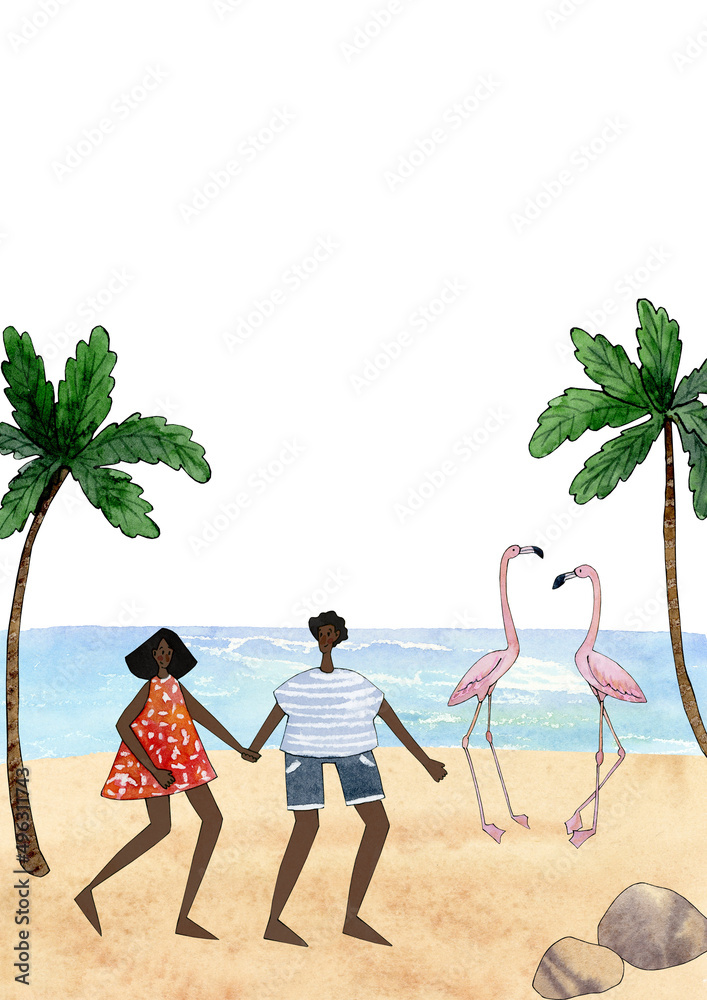beach party flyer background clipart, watercolor summer digital frame images, hawaii beach illustration, black people clipart