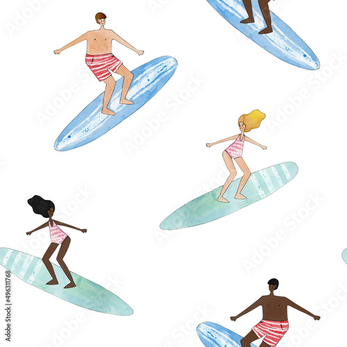 watercolor summer beach seamless pattern, surf digital paper, swimming pool background, beach holiday clipart, sand and waves clip art