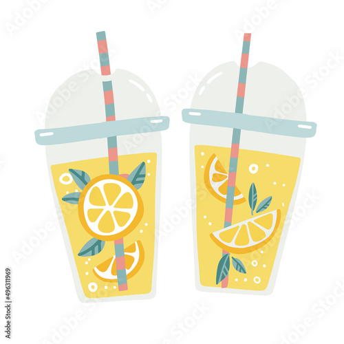 Two Plastic transparent cups for smoothie with striped pipe. Fresh lemonade, orange juice with citrus slices in a plastic cup. Isolated Hand drawn vector flat cartoon style.