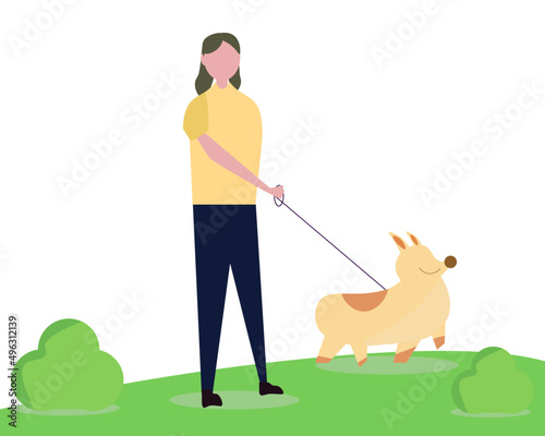 Woman is walking with a dog at the park. Vector illustration