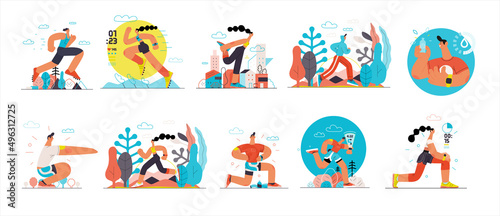 Runners set. Flat vector concept illustrations of male and female athletes running in the park, forest, stadium track or street landscape. Healthy activity and lifestyle. Sprint, jogging, warming up.