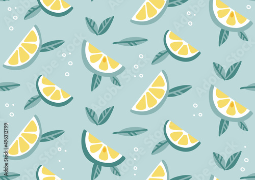Seamless pattern with mojito cocktail with lime slices, and mint leaves. Summer fruit, tropical citrus background, cold drink. Concept for fresh lemonade, soda. Vector flat cartoon illustration