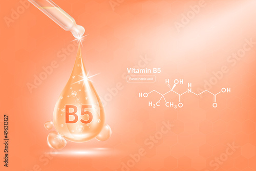 Vitamin B5 serum liquid gel in dropper and structure. Cream collagen complex with chemical formula from nature skin care vitamins. On orange background 3D realistic vector. Medical scientific concept.