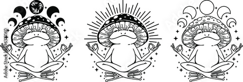 Meditating Celestial Frog, Magic toad with moon, Frog in mushroom hat, Celestial toad, Witchy frog with moon phases