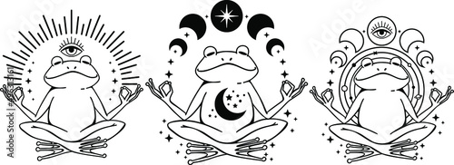 Meditating Celestial Frog, Magic toad with moon, Frog in mushroom hat, Celestial toad, Witchy frog with moon phases