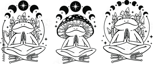 Leinwand Poster Meditating Celestial Frog, Magic toad with moon, Frog in mushroom hat, Celestial