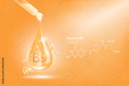 Vitamin B9 serum liquid gel in dropper and structure. Cream collagen complex with chemical formula from nature skin care vitamins. On orange background 3D realistic vector. Medical scientific concept.