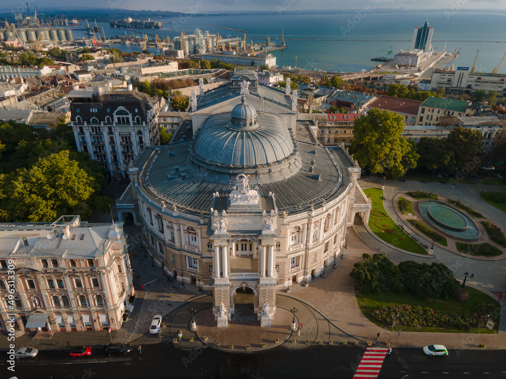 Academic Opera and Ballet Theatre. Odessa Opera and Ballet Theatre. Flying over the opera house. View from above.