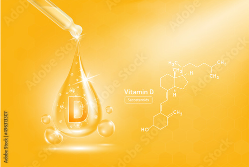 Vitamin D serum liquid gel in dropper and structure. Cream collagen complex with chemical formula from nature skin care vitamins. On orange background 3D realistic vector. Medical scientific concept.