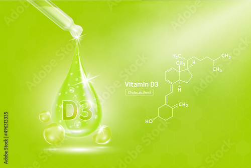 Vitamin D3 serum liquid gel in dropper and structure. Cream collagen complex with chemical formula from nature skin care vitamins. On green background 3D realistic vector. Medical scientific concept.