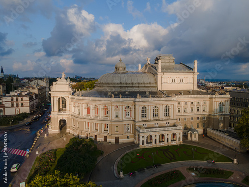 Academic Opera and Ballet Theatre. Odessa Opera and Ballet Theatre. Flying over the opera house. View from above.