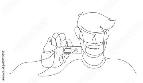 Continuous line man holding express antigen covid test vector.