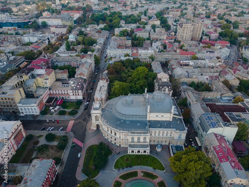 Academic Opera and Ballet Theatre. Odessa Opera and Ballet Theatre. Flying over the opera house. View from above.