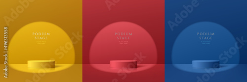 Set of abstract 3D room with yellow, dark blue and red realistic cylinder pedestal podium. Vector rendering geometric forms. Minimal scene with light and shadow. Stage showcase, Mockup product display