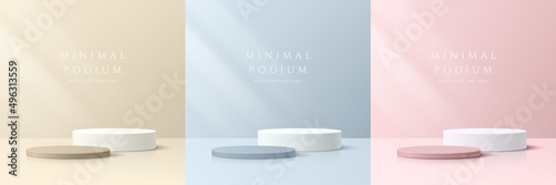 Set of beige, blue, soft pink and white realistic 3d cylinder pedestal podium in pastel colorful abstract rooms. Vector rendering geometric forms. Minimal wall scene. Stage showcase, Product display.