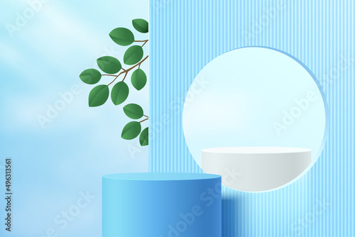 Abstract 3D room and realistic blue and white cylinder stand podium with blue sky partition and green leaves. Minimal scene for product display presentation. Vector geometric forms. Stage for showcase