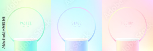 Set of abstract colorful 3D room with realistic green, yellow, pink and blue hologram color cylinder stand podium. Pastel minimal scene for product display. Vector geometric forms. Stage for showcase.