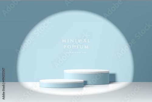 Abstract 3D room with realistic white and blue steps cylinder pedestal podium with spot light and shadow. Pastel minimal scene for mockup product display. Vector geometric forms. Stage for showcase.