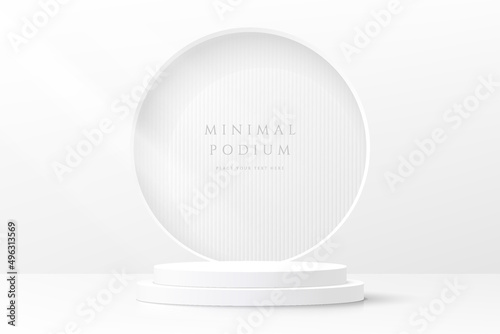 Abstract clean white 3D room with realistic white cylinder pedestal podium and circle window on the wall. Minimal scene for mockup product display. Vector geometric forms design. Stage for showcase.